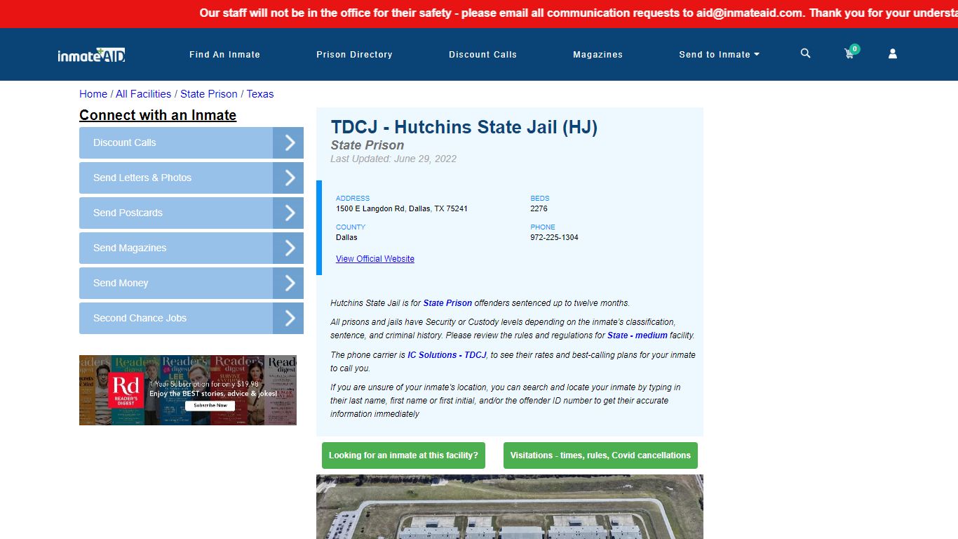 TDCJ - Hutchins State Jail (HJ) & Inmate Search - Dallas, TX