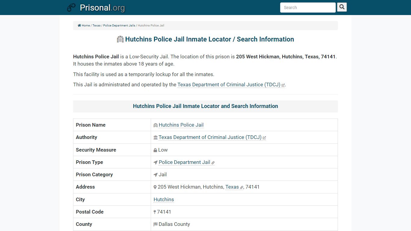 Hutchins Police Jail-Inmate Locator/Search Info, Phone ...